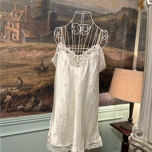 Olga Esque White Satin Chemise with Pink Floral Embroidery